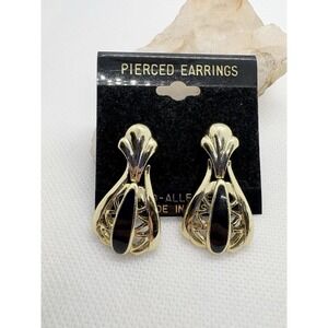 Vintage Gold Tone Pierced Earrings Hypoallergenic Black Accent Hinged USA Dangle